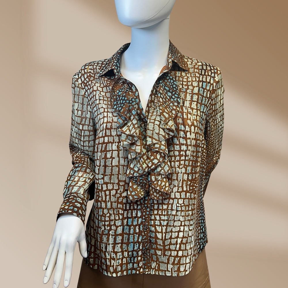 Evans-Picone Petite Ladies Ruffle Front Button Down Top Blouse Sz P10 NWOT